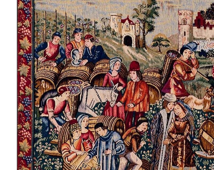French Medieval Woven Tapestry: Marche au Vin Wine Market Scene Wall Hanging Art
