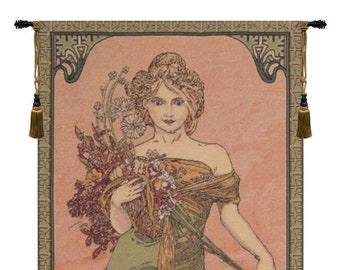 Mucha Spring Wall Decor Art | Young Lady Wall Hanging | Jacquard Woven Wall Tapestry | Decorative European Wall Art | Wall Hanging