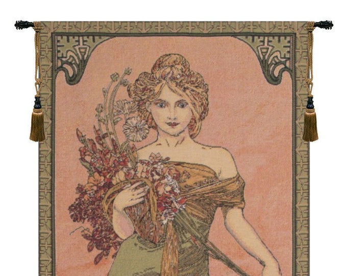 Mucha Spring Woven Wall Tapestry: Art Nouveau European Decor