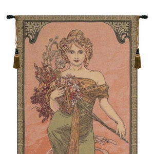 Mucha Spring Wall Decor Art | Young Lady Wall Hanging | Jacquard Woven Wall Tapestry | Decorative European Wall Art | Wall Hanging