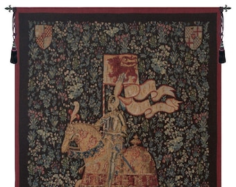 Le Chevalier Slim Border European Wall Tapestry - Millefleurs Decorative Wall Art - French Wall Hanging - Knight Woven Wall Tapestry