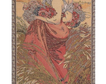 Art Nouveau Mucha Summer Tapestry: Belgian Woven Wall Hanging for Bohemian Home Decor