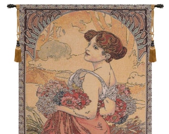 Mucha Summer I European Wall Tapestry Hanging - Young Lady Decorative Wall Hanging - Belgian Woven Jacquard Wall Decor Art for Living Room