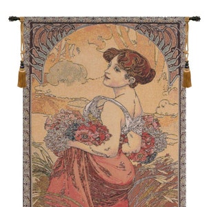 Mucha Summer I European Wall Tapestry - Young Lady Decorative Wall Hanging - Unique Belgian Wall Tapestry - Woven Jacquard Wall Decor Art