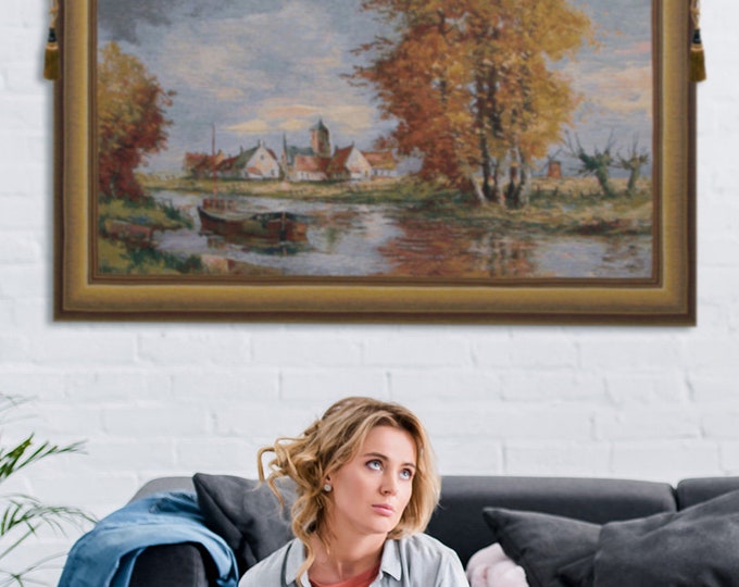Belgian Flemish Village Landscape Tapestry - European Woven Wall Hanging Art Decor 38x64 Inch