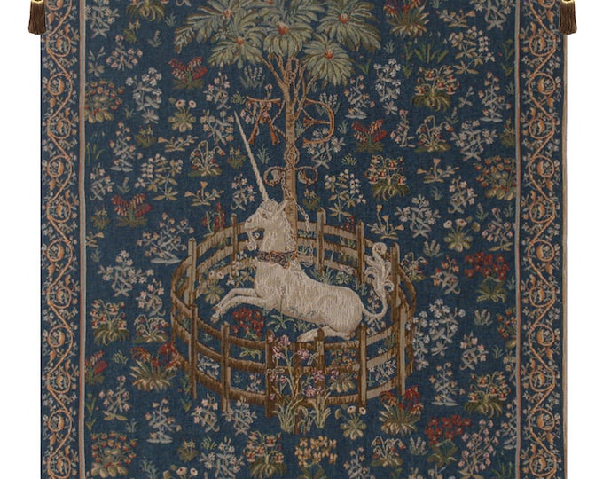 Captive Unicorn Tapestry Blue Millefleurs Medieval Wall Hanging La Chasse Licorne Art