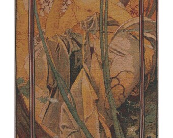 Mucha Art Nouveau Tapestry: Jacquard Woven Wall Hanging, Evening Contemplation