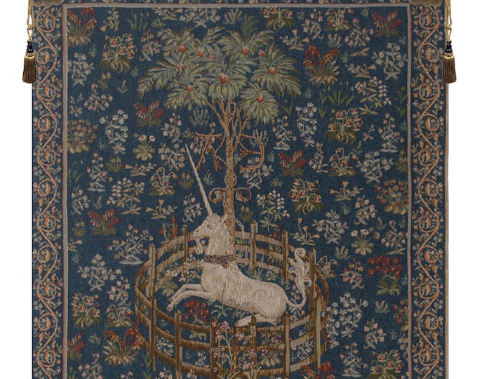 Captive Unicorn Tapestry: Blue Millefleurs Medieval Wall Hanging