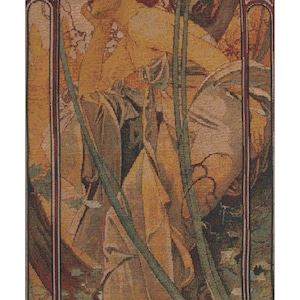 May include: A tapestry with a woman in a flowing gown standing in a garden setting. The tapestry has a brown, green, and gold color scheme and features a floral border.