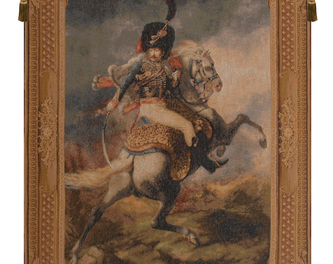 French Jacquard Woven Wall Tapestry: Cavalier de la Garde Imperiale - Vintage Napoleon Military Art Hanging Decor