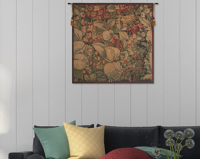 European Red Floral Aristoloches Tapestry - Medieval French Wall Hanging - Decorative Leaves Art Decor