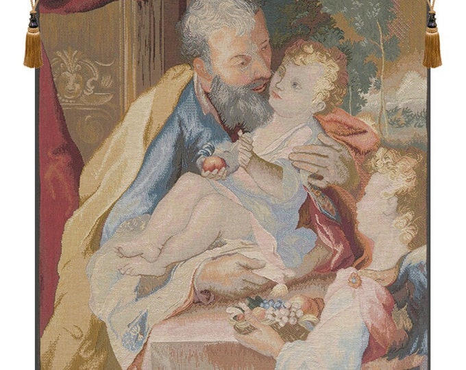 Saint Joseph and Child Tapestry: French Woven Religious Wall Hanging (39x29 inch)