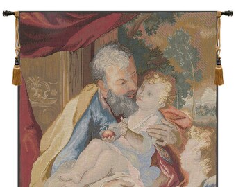 Joseph to the Child European Wall Tapestry - Saint Religious Wall Decor Art - Woven French Wall Tapestry - Child Love Jacquard Wall Hanging