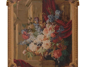 Vintage European Floral Bouquet Horizontal Wall Tapestry - Jacquard Woven Home Decor Art Hanging