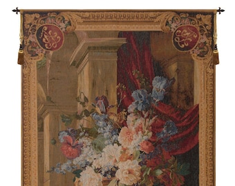 Bouquet Et Architecture Vertical European Wall Tapestry - Floral Bouquet Wall Art - Decorative Wall Hanging - Woven French Wall Tapestry