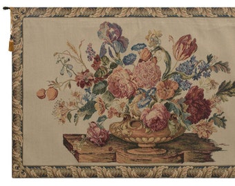 Pensee II Beige European Wall Tapestry - Floral Cream Background Wall Art - Woven Belgian Wall Tapestry - Decorative Flower Wall Hanging