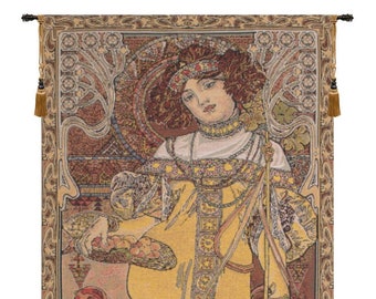 Mucha Autumn Decorative Wall Tapestry - European Art Wall Hanging - Jacquard Woven Young Lady Wall Decor for Home