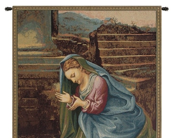 Madonna Adoring the Child European Wall Tapestry - Religious Wall Art - Woven Italian Wall Tapestry - Mother and Child Love Wall Hanging
