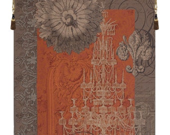 French Medieval Chandelier Wall Tapestry: Elegant Orange Floral Decor for Grand European Ambiance (58x44)