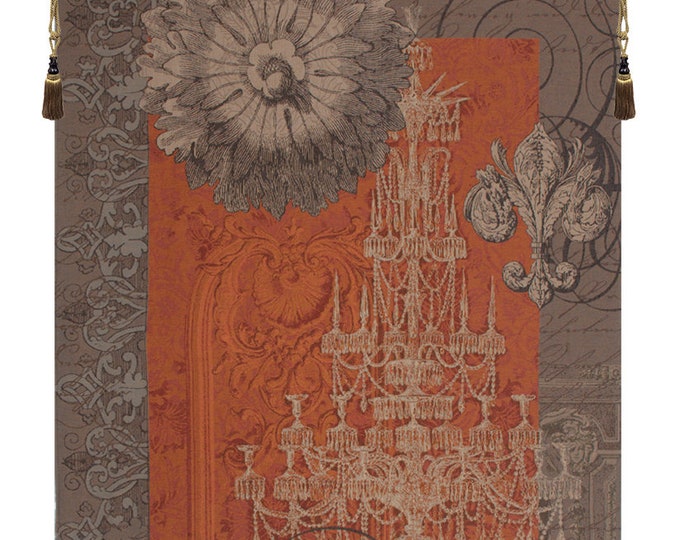 French Medieval Chandelier Wall Tapestry: Elegant Orange Floral Decor for Grand European Ambiance (58x44)