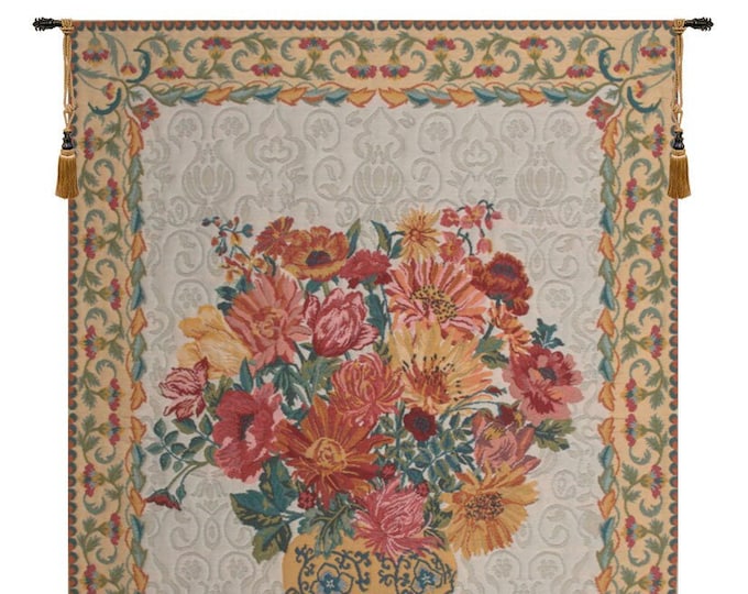 Floral Bouquet Wall Tapestry: Woven Belgian Chinoiseries Art (66x50 inch)
