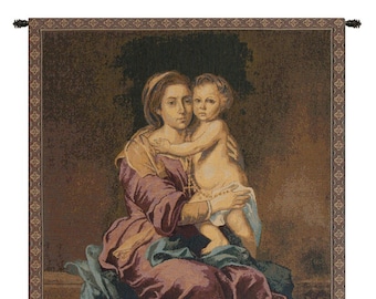 Madonna del Rosario European Wall Tapestry - Religious Wall Art - Woven Italian Wall Tapestry - Christian Mother and Child Wall Hanging