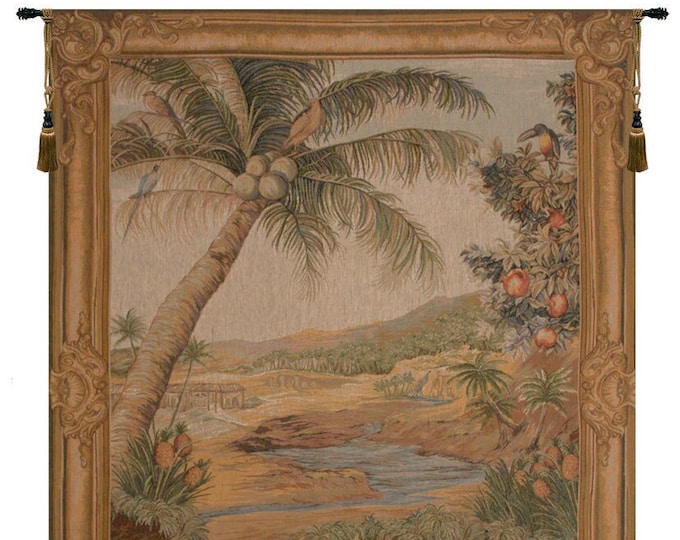 L'Oasis French Jacquard Tapestry: Exotic Flora & Fauna Wall Art (58x44 inch)