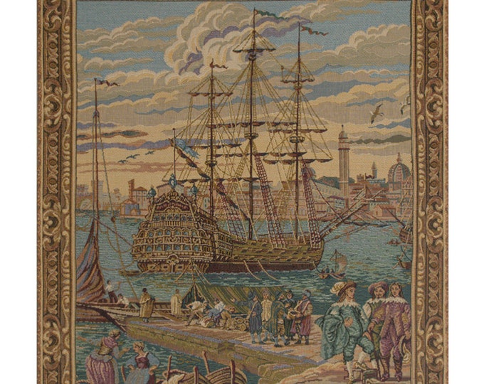 Galleon Guardi European Seascape Tapestry - Woven Italian Coastal Wall Hanging Art Decor