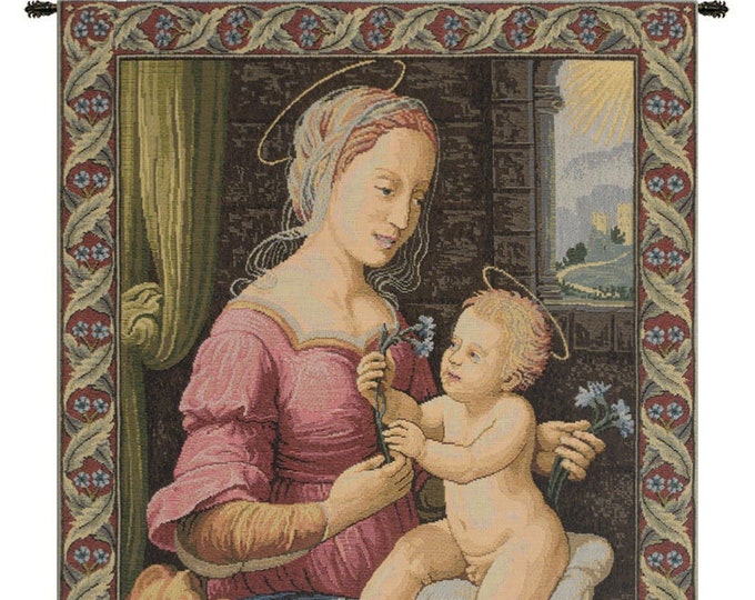 Madonna of the Pinks Tapestry: Italian Woven Religious Wall Hanging (24x20 inch)
