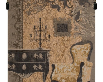 Louis XVI Gold Jacquard Tapestry Wallhanging, French Medieval Wall Decor
