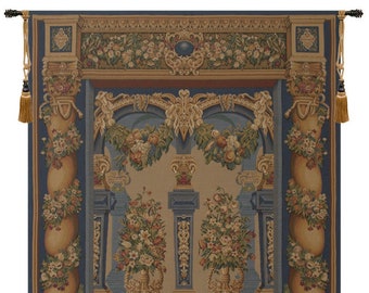 Loggia European Columns European Wall Tapestry - Decorative Floral Wall Art - Woven Belgian Wall Tapestry - Blue Background Wall Hanging