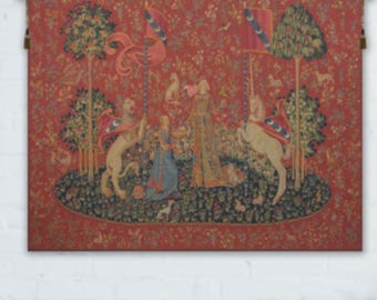 Lady and Unicorn Tapestry: Medieval Millefleurs, Belgian Woven Art (48x65 inch)