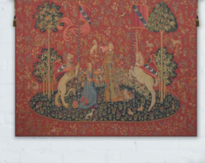 Lady and Unicorn Tapestry: Medieval Millefleurs, Belgian Woven Art (48x65 inch)
