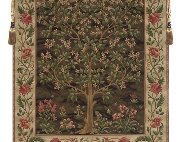 Medieval Tree of Life Tapestry - Brown Millefleurs Woven Jacquard Art by William Morris