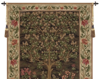Tree of Life Brown II Wall Tapestry Hanging - Medieval Millefleurs Woven Jacquard Art - William Morris Decorative Wall Hanging for Home