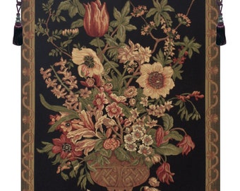 Vintage Floral European Wall Tapestry - Black Belgian Woven Art Hanging for Home Decor