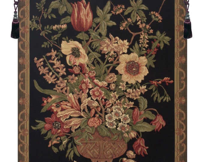 Vintage Floral European Wall Tapestry - Black Belgian Woven Art Hanging for Home Decor