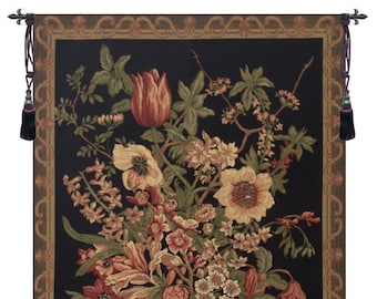 Century Floral Black European Wall Tapestry - Back Background Decorative Wall Decor Art - Floral Belgian Wall Tapestry - Woven Wall Hanging