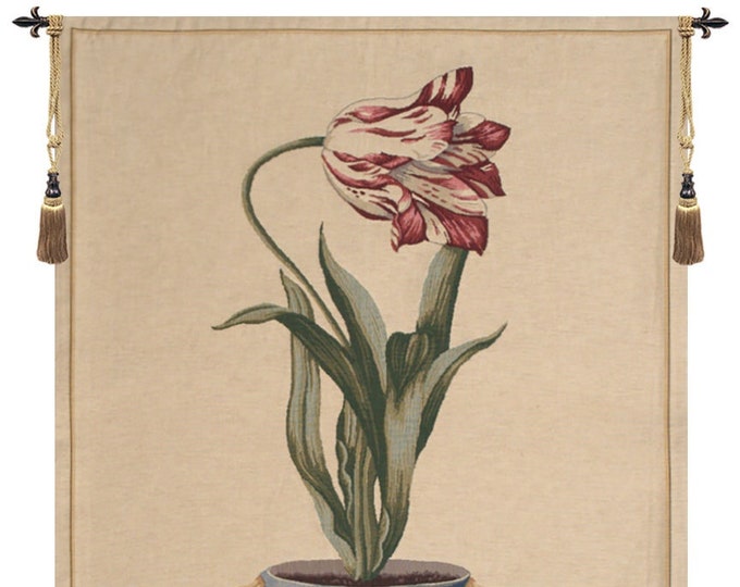Red Tulip II European Wall Tapestry - Red Flower Bouquet Wall Decor Art - Antique Belgian Wall Tapestry - Woven Decorative Wall Hanging