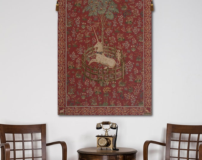 Medieval Unicorn Millefleurs Tapestry - French Woven Wall Hanging - European Red Captive Einhorn Art