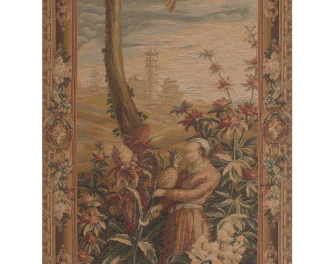 French Woven Wall Tapestry: Pineapple Harvest, Medieval Floral Art