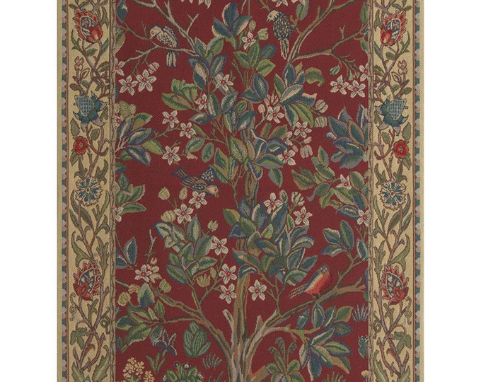 William Morris Tree of Life Tapestry: Red Jacquard Woven Art Nouveau Wall Hanging
