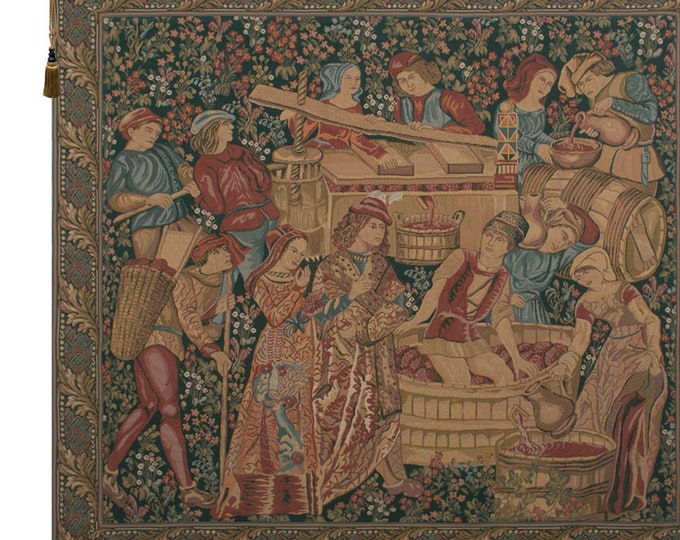Medieval Wine Press Tapestry: Vendange Left Panel Wall Hanging - Vintage Grape Harvest Art Decor