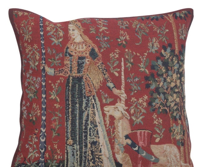 Featured listing image: Licorne Gout Tapestry Cushion Cover | 17x17 inch Woven Pillow Cover | Belgian Tapestry Throw Pillow Case | Millefleur Art Medieval Cushion