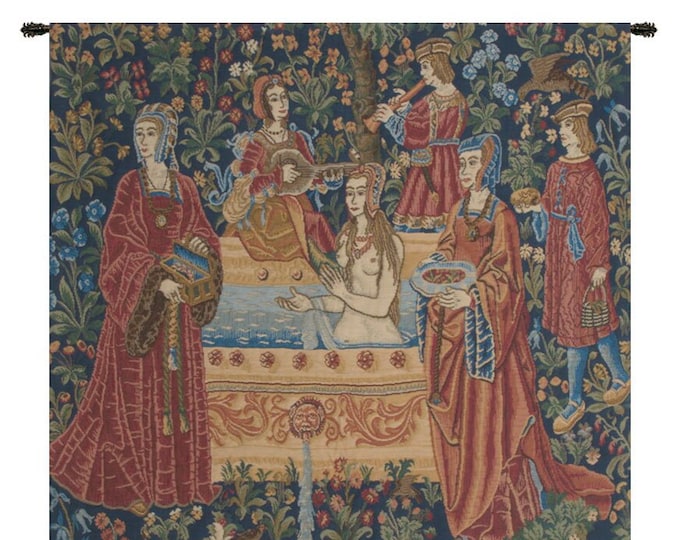 Millefleurs Tapestry: The Bath, Medieval Art, Woven Belgian Wall Hanging (32x27 inch)