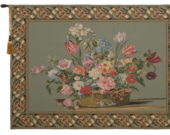 Flower Basket Green II European Decorative Wall Tapestry - Jacquard Woven Wall Hanging Tapestry - Floral Wall Art - Italian Still Wall Art