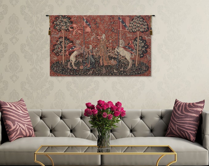 Lady and Unicorn Medieval Tapestry: Enchanting Woven Jacquard Wall Art for Elegant Home Decor