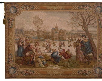 Les Patineurs I European Wall Tapestry - Woven Jacquard Wall Hanging - Unique Medieval Wall Hanging - Antique French Wall Tapestry