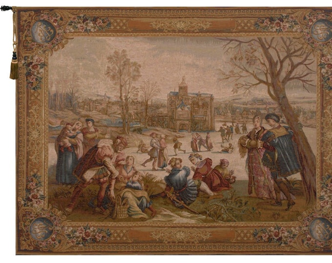 Les Patineurs Tapestry: French Woven Medieval Winter Scene