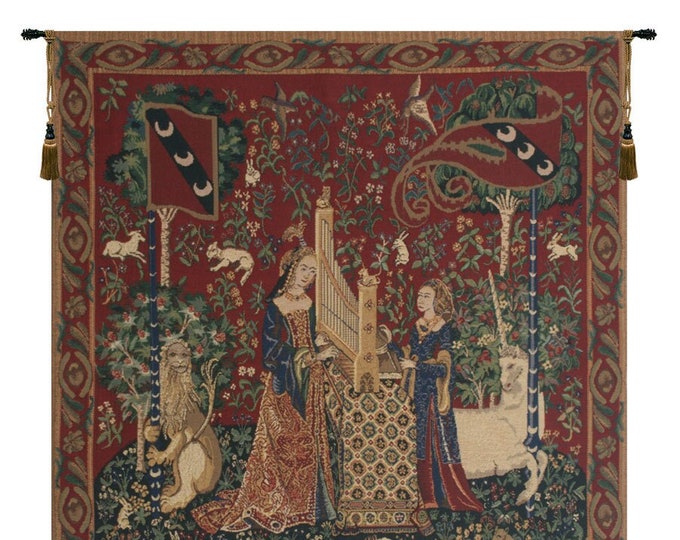 Lady & Organ Belgian Medieval Tapestry - Millefleurs Woven Wall Hanging - Elegant Home Decor